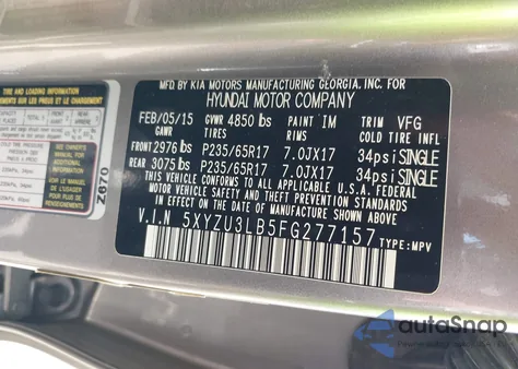 2015 Hyundai Santa Fe Sport 2.4L z USA, uszkodzony, nr VIN 5XYZU3LB5FG277157